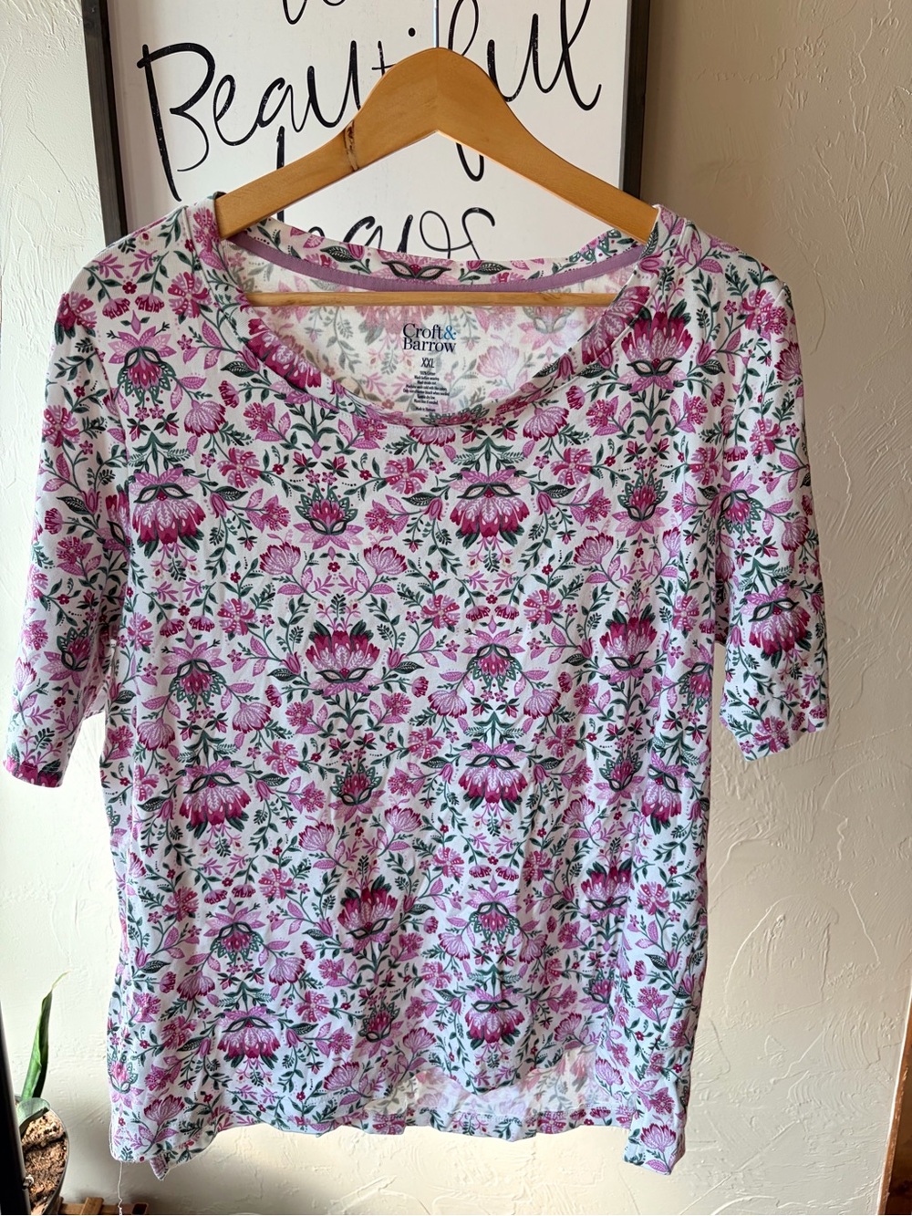 Croft & Barrow Women's Plus 2XL White Pink Green Floral Scoop Neck 3/4 Tee